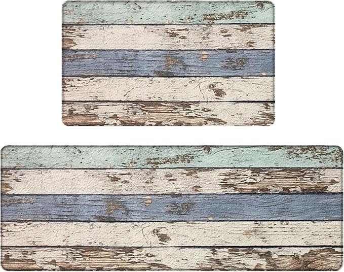 2 PCE Kitchen Mats 47x17.3 inch and 29x17.3 inch, Rustic Woodgrain Design Non-Slip Cushioned Waterproof Anti-Fatigue Rugs for Kitchen Sink Laundry Room