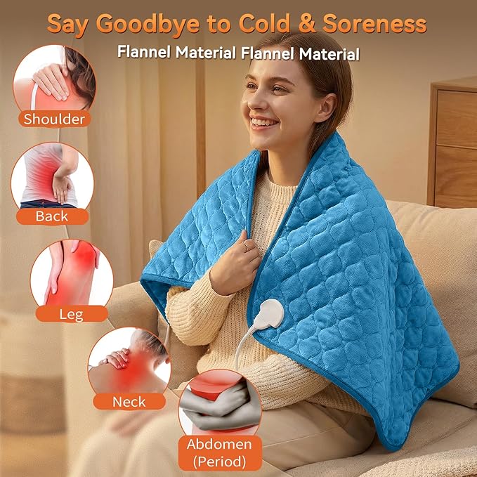 King Size Heating Pad for Back Pain 32"x24" Extra Large Electric Heating Pad for Period Cramps Relief & Body Neck Shoulder Auto Shut Off Heat Pad Temperature Settings Machine Washable Blue
