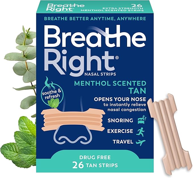 Breathe Right Extra Strength Nasal Strips, Menthol Scented, Drug Free, Less Snoring & Better Breathing from Nasal Congestion, Tan, 26 Count