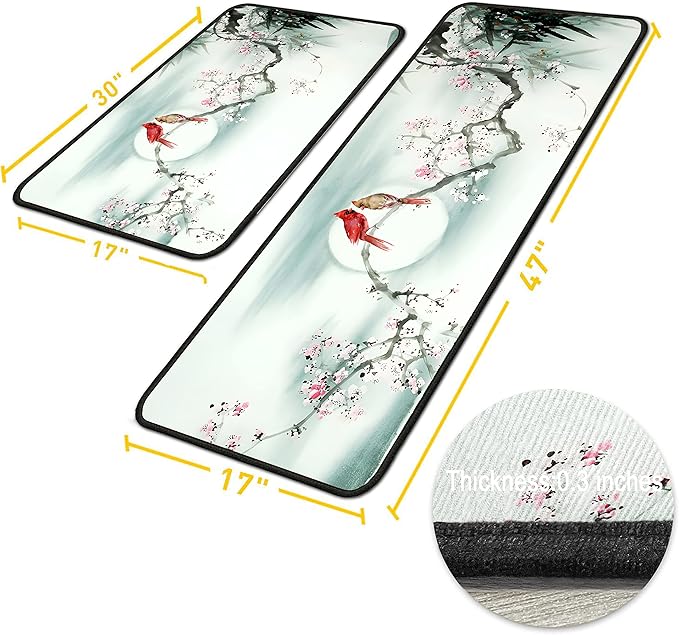 Cardinal Kitchen Rugs 2 Piece Set for Floor Mat, Rug With Birds Non Skid Washable Absorbent Cardinal Kitchen Mat for in Front of Sink for Standing for Home Cardinal Kitchen Decor 17"X30"+17"X47"