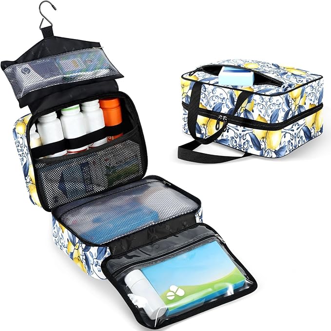 Fustylead French Country Blue Tile Yellow Lemons Travel Pill Bottle Organizer Large Home Storage Medication Bag with Zipper for Vitamins, First Aid, Fish Oil, Medical Supplies