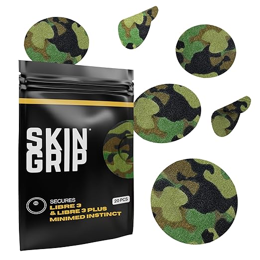 Skin Grip Freestyle Libre 3 Sensor Covers-Waterproof & Sweatproof Adhesive Patches for 10-15 Days (Not for Libre2), Pre-Cut CGM Diabetic Sensors Cover, Compatible with Instinct Sensors- 20 Pack, CAMO