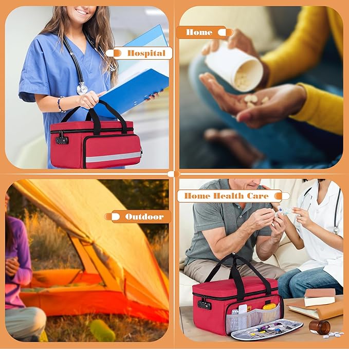 CURMIO Pill Bottle Organizer, Medicine Bag with Lock for Prescription Bottles and First Aid Kits, Red (Patented Design)