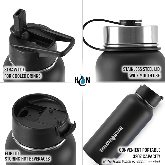 Hydration Nation 3 Lid Multi-Size Vacuum Insulated Water Bottles with Straw - Metal Water Bottle For Sports & Outdoor - Thermo Stainless Steel Water Bottle - Perfect for Hot & Cold Drinks (Black)