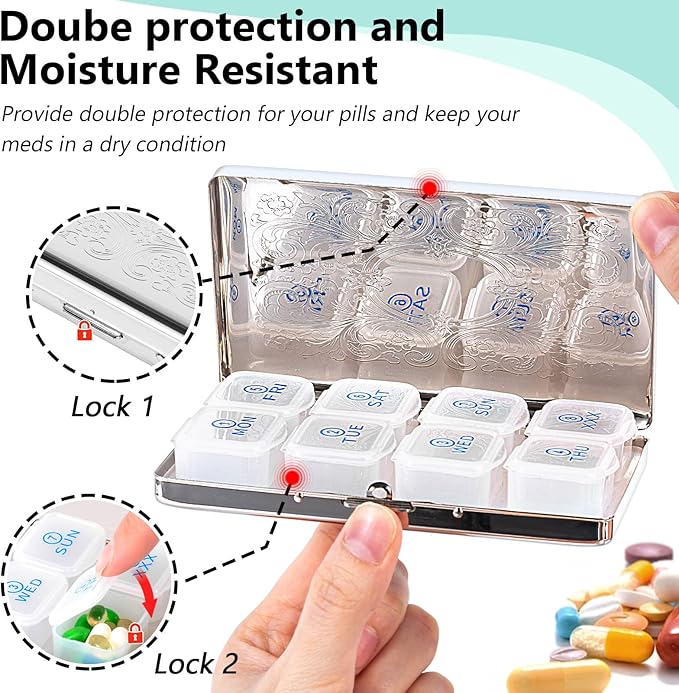 Pill Organizer 7 Days 8 Compartments, Travel Metal Pill Box, BPA-Free Portable Pill Box (Pattern Silver, Large)