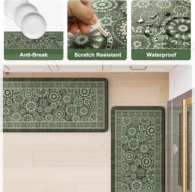 KIMODE Anti Fatigue Kitchen Mats for Floor 2 Piece Cushioned Boho Kitchen Rugs Memory Foam Kitchen Floor Mats Standing Desk Mats for Laundry Office Sink Green 17"x47"+17"x29"