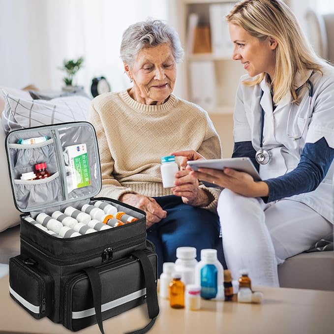 Large Pill Bottle Organizer, Double Layers Medicine Storage Bag with Lockable Zippers and Shoulder Strap,Medication Travel Bag for Prescription Bottles, Vitamins & Medical Supplies, Black (Bag Only)