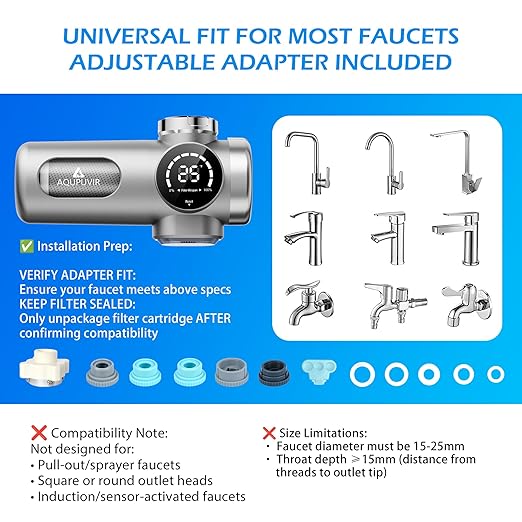 Faucet Water Filter, 3-Stage Faucet Filter with UV-C & Self-Powered Display, Dual Modes for Tap/Filtered Water, Safe for Food & Skin – Fits 22/24/28mm and Circular tap