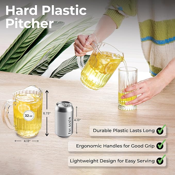 Restaurantware-RW Base 32 Ounce Mini Beer Pitcher, 1 Durable Restaurant Pitcher - Hard Plastic, Serve Soda, Lemonade, Juice, Or Sangria, Clear Plastic Water Glass, For Bars, Parties, Or Homes,