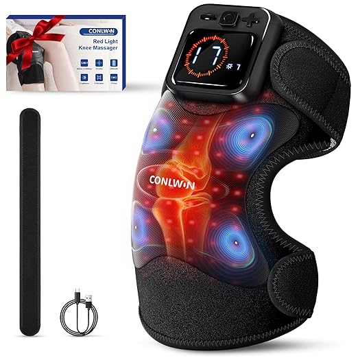 4-in-1 Cordless Knee Massager with Heat and Red Light Therapy for Knees, 6 Vibration & 4 Pulses Knee Pain Relief Device for Shoulder Elbow, Perfect for Women Men Seniors