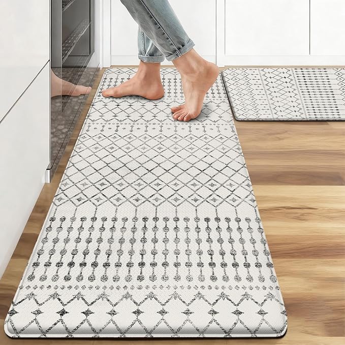 Anti Fatigue Kitchen Rugs Set of 2, Boho Kitchen Mats for Floor, Boho Kitchen Decor, Anti-Slip and Anti-Fatigue Foam Standing Mat,17x30 inch Sink Mat+17x47 inch Runner Rug White
