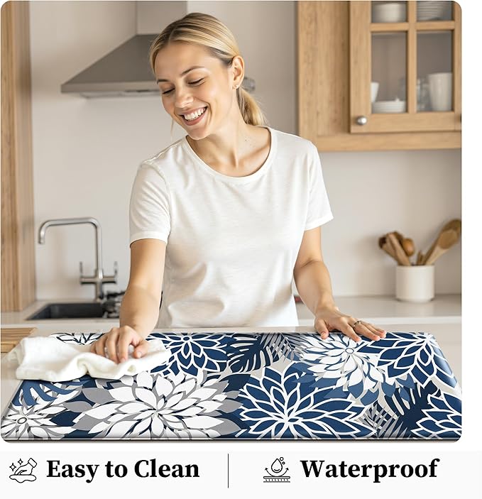 Kitchen Mats for Floor 2PCS Cushioned Anti Fatigue Kitchen Mats Waterproof Non Slip Kitchen Mat Rug Set Comfort Foam Standing Mat for Sink, Laundry, Office, Blue Gray