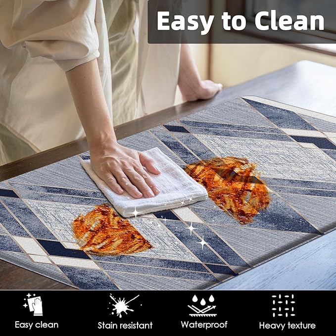 Arttown Blue Anti-Fatigue Kitchen Rug Set of 2 Navy Grey Geometric Gold Line Vintage Cushioned Floor Standing Mat Waterproof Non-Slip Kitchen Mat and PVC Ergonomic Comfort Foam Rug