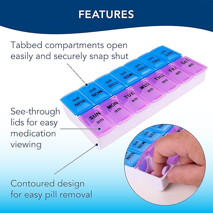 Apex Weekly AM/PM Medication Dispenser, 7-Day Twice-A-Day Pill Organizer with Easy-Open Lids (Color May Vary)