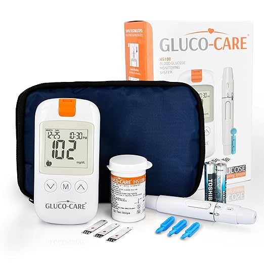 Gluco-Care Glucose Monitor Kit - Sleek White Design, Clear Display, Auto Calibration, Glucometer Kit with Strips and Lancets, 5 Sec Results, 500 Memory, Travel Case, 1 Lancing Device, Convenient Blood Surgar Testing for Diabetes