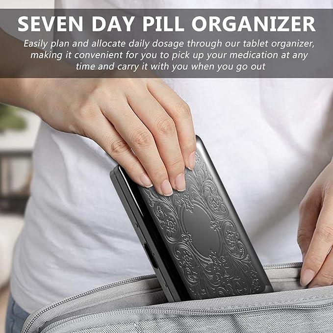 Pill Organizer 7 Days 8 Compartments, Travel Metal Pill Box, BPA-Free Portable Pill Box (Pattern Black, Large)