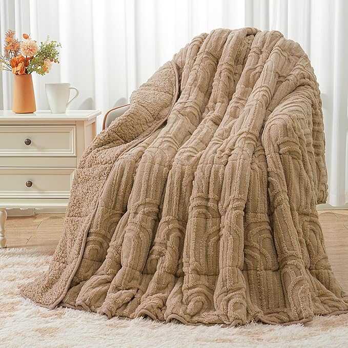 Wemore Jacquard Fleece Weighted Blanket Queen Size 60" x 80" 20lbs, Ultra Soft Cozy Sherpa Weighted Blankets for Adults, Ultra Fuzzy Heavy Blanket for Sleep, Fluffy Warm Throw for Bed, Brown