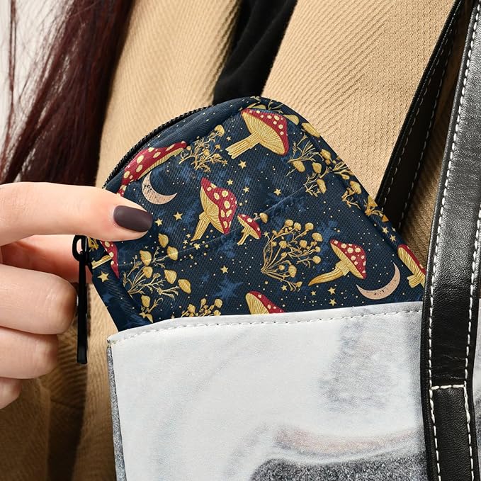 Fustylead Mystical Aesthetic Mushrooms Moon Stars Pill Organizers 2 Times A Day Pill Case Bag with Zipper Portable Weekly Pill Dispensers for Vitamin Supplement