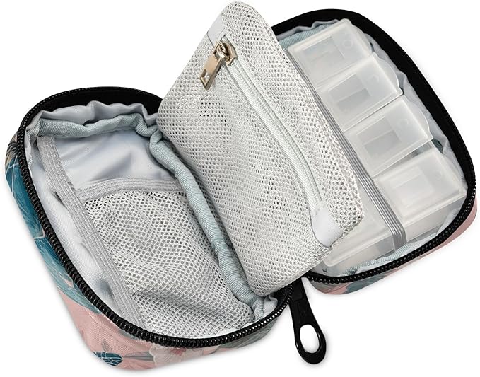 Pink Sea Turtles and Hibiscus Travel Pill Organizer Case Box Container Weekly Portable Vitamin Medicine Holder Storage Bag with Zipper Removable
