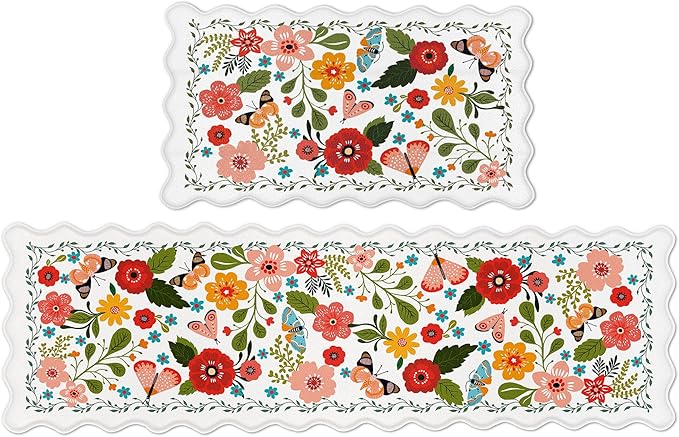 Scalloped Kitchen Mats for Floor 2PC Cushioned Anti Fatigue Kitchen Mats Rugs Waterproof Non Slip Boho Floral Comfort Foam Standing Mat for Sink Laundry, White,17.3x30+17.3x59