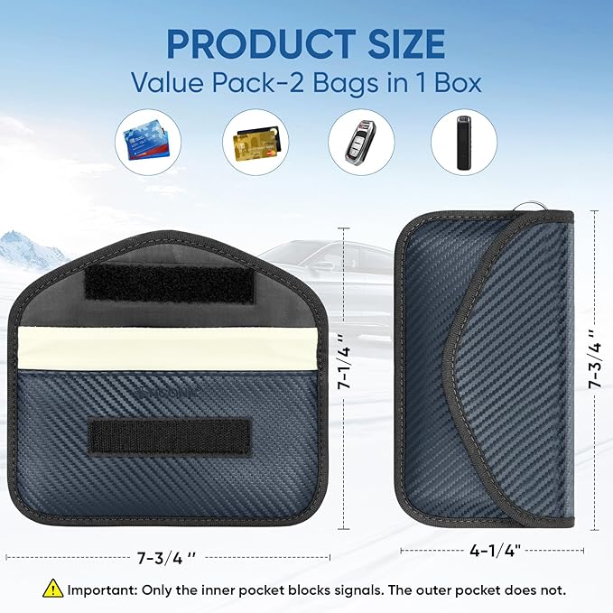 TICONN 2PK Faraday Bags for Car Keys Fob, 7.75"X4.25" Faraday Cage Protector, Car RFID Signal Blocking, Anti-Theft Pouch Anti-Hacking Case Blocker (Navy, L)