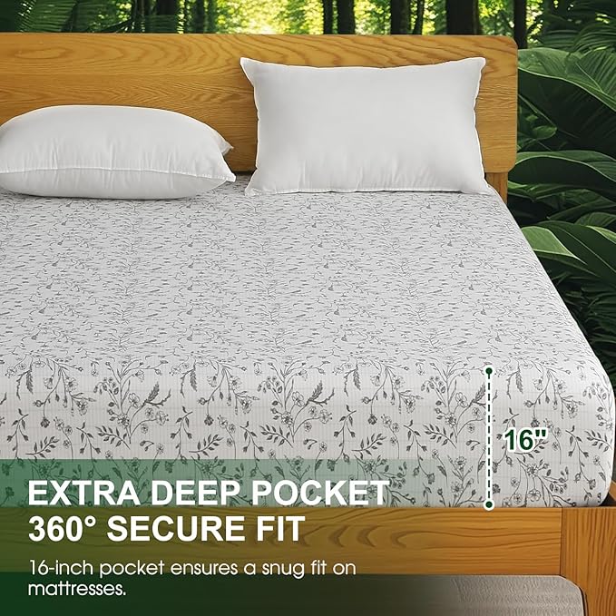 Ivellow Floral Grounding Sheets King 10% Pure Silver Fiber 90% Organic Cotton Fitted Sheet King Size 16” Deep Pocket Soft Earth Connected Bedding Patterned Fitted Bed Sheet with Grounding Cord