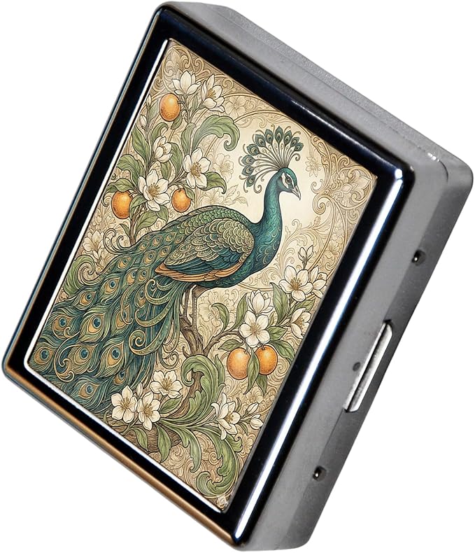 Metal 7 Day Pill Organizer, Cute Small Weekly Pill Case with 8 Compartments for Travel, Moisture-Proof Medicine Holder for Purse, Compact Daily Vitamin Box (Vintage Peacock)