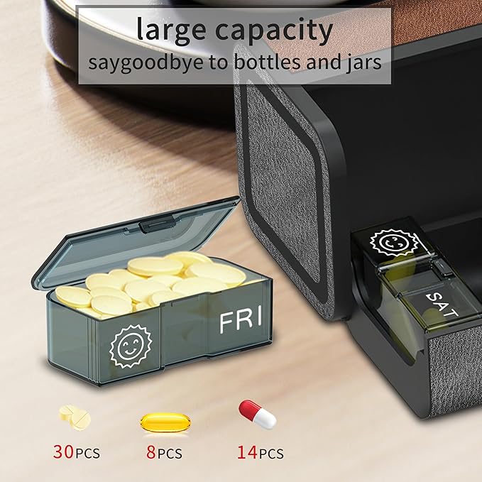 Weekly Pill Organizer 2 Times a Day, Large Travel Pill Box 7 Day, Twice Daily AM PM Pill Case, Removable Pocket Pharmacy, Pill Container Holder for Vitamin, Medicine (Black and Brown)