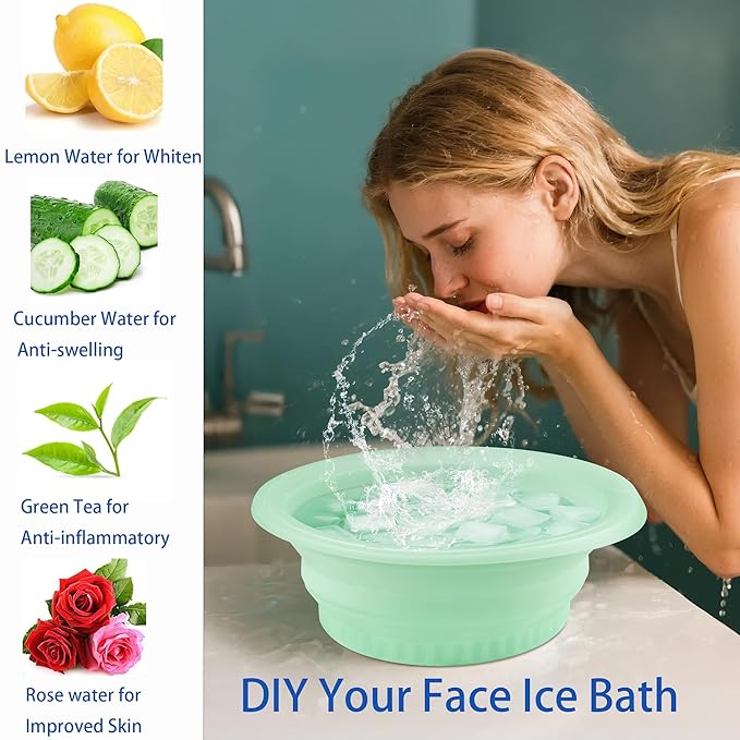 Large Bowl for Face Ice Bath, Foldable Facial Ice Bath with Built-in Icetray, Silicone Ice Bath Bowl, Ice Face Bowl (Green)