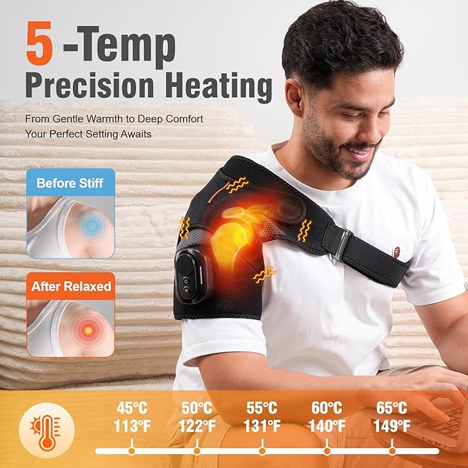 Cordless Shoulder Heating Pad with Detachable Remote, 5 Heat and 5 Vibration Heated Shoulder Wrap, Shoulder Brace Massager for Pain Relief, Warm Gifts for Women Men