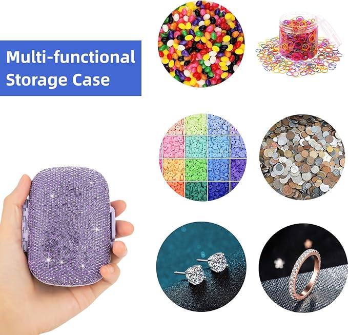 Pill Organizer with Labels Bling Pocket Pill Case with Stickers Travel Medicine Kit Holder Small Purse Pill Box Container Portable Mini Medication Storage (Purple & 300 Labels)