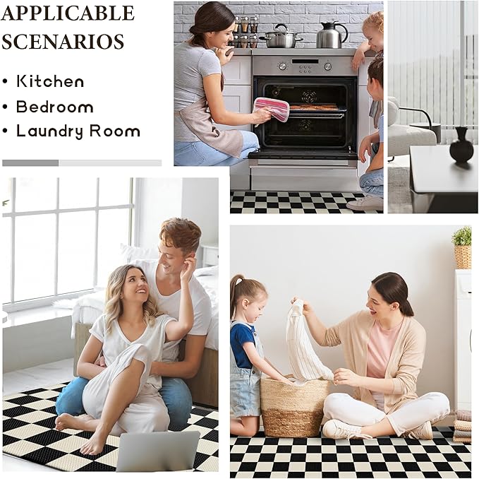 Beige Black Checkered Grid Checkerboard Kitchen Rug Sets [2 PCs], Anti-Fatigue, Waterproof Non-Slip Kitchen Mats Heavy Duty Comfort Foam Rug for Kitchen, Floor, Laundry,17"x47"
