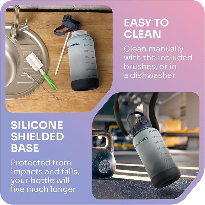1 Gallon Water Bottle With Straw Dishwasher-Safe BPS & BPA Free, 2 Cleaning Brush Motivational 128oz Water Jug with Time Markers, Wide-Mouth Tritan, Gym & Exercise Equipment(Clear & Black)