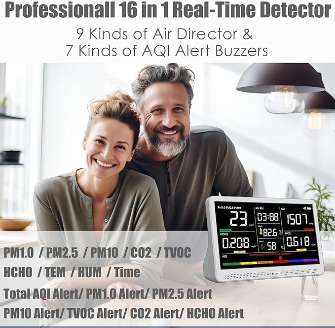 Professional Indoor Air Quality Monitor with 7X AQI Alarms,16 in 1 Portable Real-Time Detector for PM2.5 | PM10 | CO2 | TVOC | HCHO | Temp | Hum for Home Cars Plants Pets