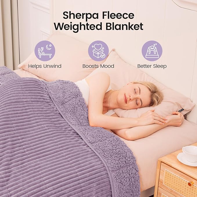 Sherpa Fleece Adult Weighted Blanket 20lbs with Ribbed Stripes, Dual Sided Fuzzy Warm Blanket for Couch Bed Sofa, Heavy Thick Blankets with Glass Beads Great for Sleep, Light Purple, 60" x 80"