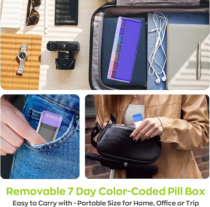Weekly Pill Organizer 1 Time a Day, HIONXMGA Portable Detachable Travel Pill Box 7 Day, Large Once Daily Pill Holder Case, Color-Coded Dispenser for Vitamin Medicine Supplement Fish Oil, Purple
