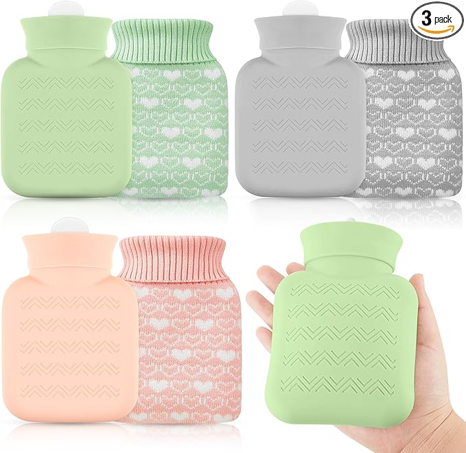 Amylove 3 Pcs Mini Hot Water Bottle for Hot & Cold Compress with Cover 320ml Silicone Microwave Heating Bottles Small Water Bag for Travel Holiday Gift(Gray, Pink, Green,Heart Print)
