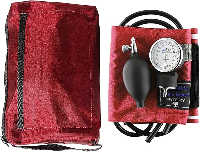 MABIS MatchMates Manual Blood Pressure Monitor Kit Aneroid Sphygmomanometer with Calibrated Nylon Cuff and Oversized Carrying Case, Adult, Red