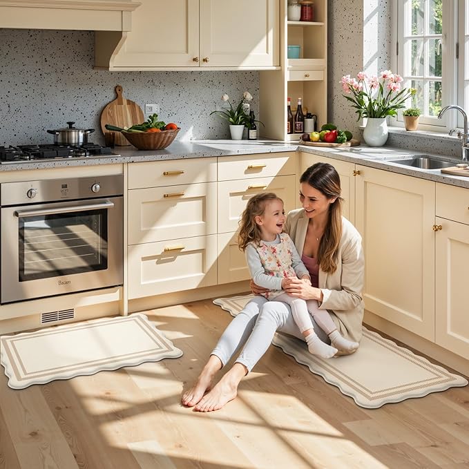 KIMODE Anti Fatigue Kitchen Mats, Padded Kitchen Floor Mats,Boho Kitchen Rugs Sets of 2, Beige Scalloped Rugs for Kitchen Floor, Cushioned Standing Mat for Laundry Office Sink Desk 17"x47"+17"x29"