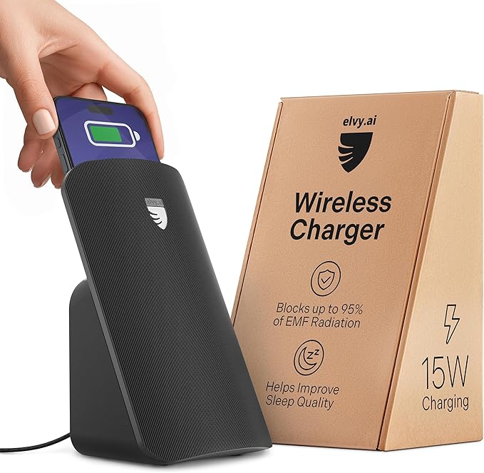 Elvy Fast Qi Wireless Charger for Cell Phones - Designed with EMF Management Technology for Enhanced Charging, Advanced Environmental Shielding (Black)