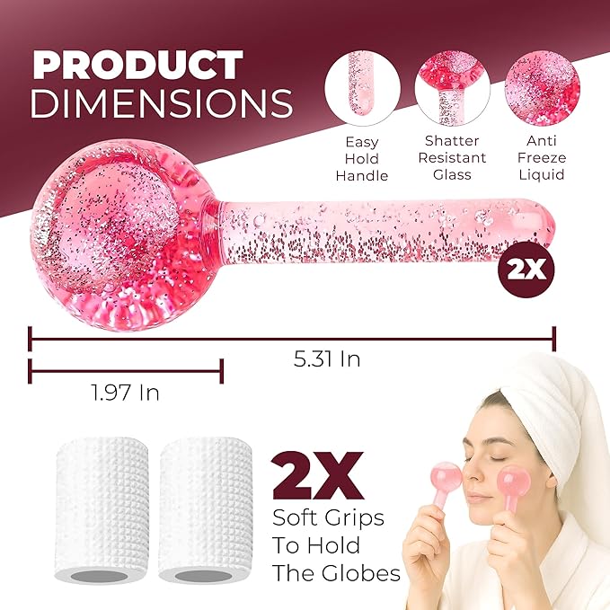 Ice Globes for Face 2Pcs – Freezer Safe Ice Globes for Facials, Skin Tightening & Anti-Aging – Reusable Facial IceGlobes for Reduction of Puffiness & Wrinkles of Face, Neck & Eyes–Pink