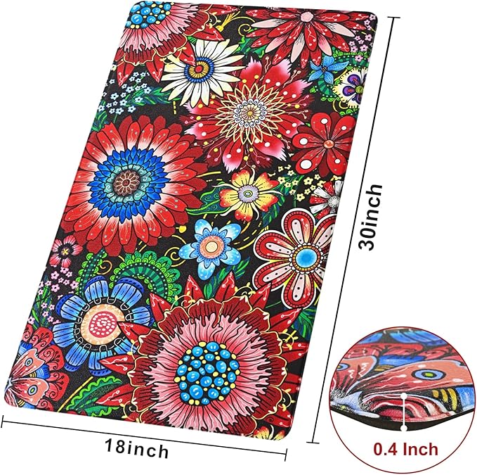 Likiyol Boho Kitchen Rugs Floral Kitchen Mats for Floor Bohemian Cushioned Anti Fatigue Mats for Kitchen Floor Non Slip Washable Kitchen Mat for Home, Sink, 18''x30'', Red