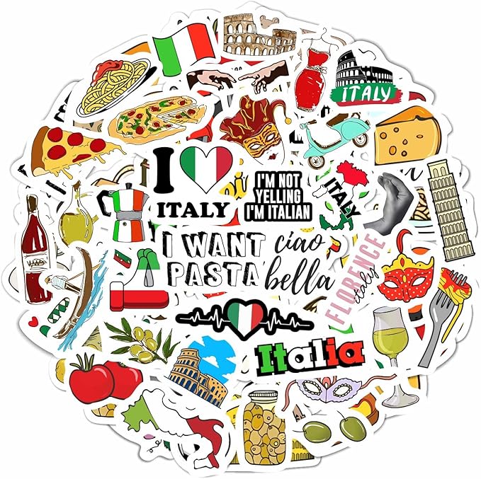 BulbaCraft 100Pcs Italy Stickers for Scrapbooking, Italian Stickers, Rome Decals, Travel Decals for Journal, Scrapbook - Italy Decorations Party Theme, Gifts for Women & Men