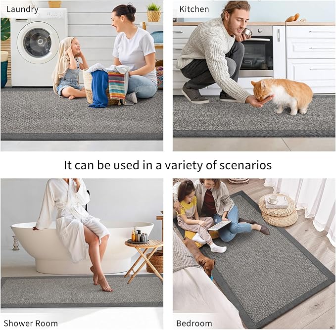 Kitchen Rugs Non Slip Washable, Super Absorbent Kitchen Mats for Floor, Rubber Backing Jute-Like Braid Kitchen Sink Mat Runner Rug Standing Mat, Easy to Clean, Gray 17"x47"