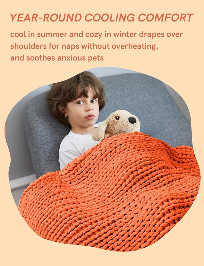 YnM Cooling Weighted Blanket, 100% Cotton Handmade Chunky Knitted Blanket, Weighted Lap, Breathable Heavy Blankets, Machine Washable Throw for Sleep or Home Decor (Orange, 35x40 Inch, 5lbs)