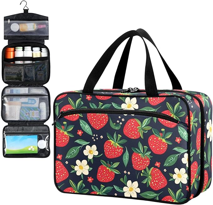 Fustylead Hand Draw Red Strawberry and Beautiful Floral Travel Pill Bottle Organizer Large Home Storage Medication Bag with Zipper for Vitamins, First Aid, Fish Oil, Medical Supplies