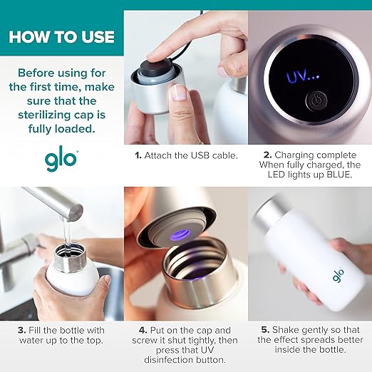Glo - UV Water Smart Bottle | Eliminates Bad Odor and Taste | Double Insulation Stainless Steel BPA Free 400ml | Keeps Water Hot 12h and Cold 24h | Perfect for Camping Hiking Cycling and Survival