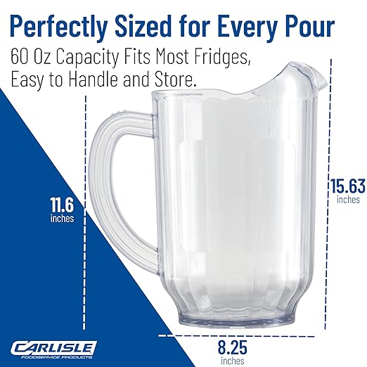 Carlisle FoodService Products Versapour Clear Pitcher Tall Pitcher for Restaurants, Catering, Kitchens, Plastic, 60 Ounces, Clear