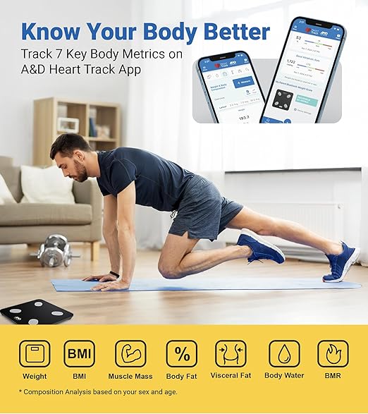 A&D Medical Smart Scale for Body Weight - UC-450BLE - Bluetooth Body Fat Scale with BMI, Body Composition, Digital Bathroom Scale, Tracks 7 Biometrics, Syncs with A&D App - 397lb