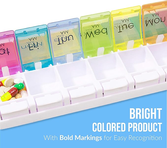 Renoir Weekly 7-Day AM/PM Push Button Pill Organizer Planner- Arthritis Friendly